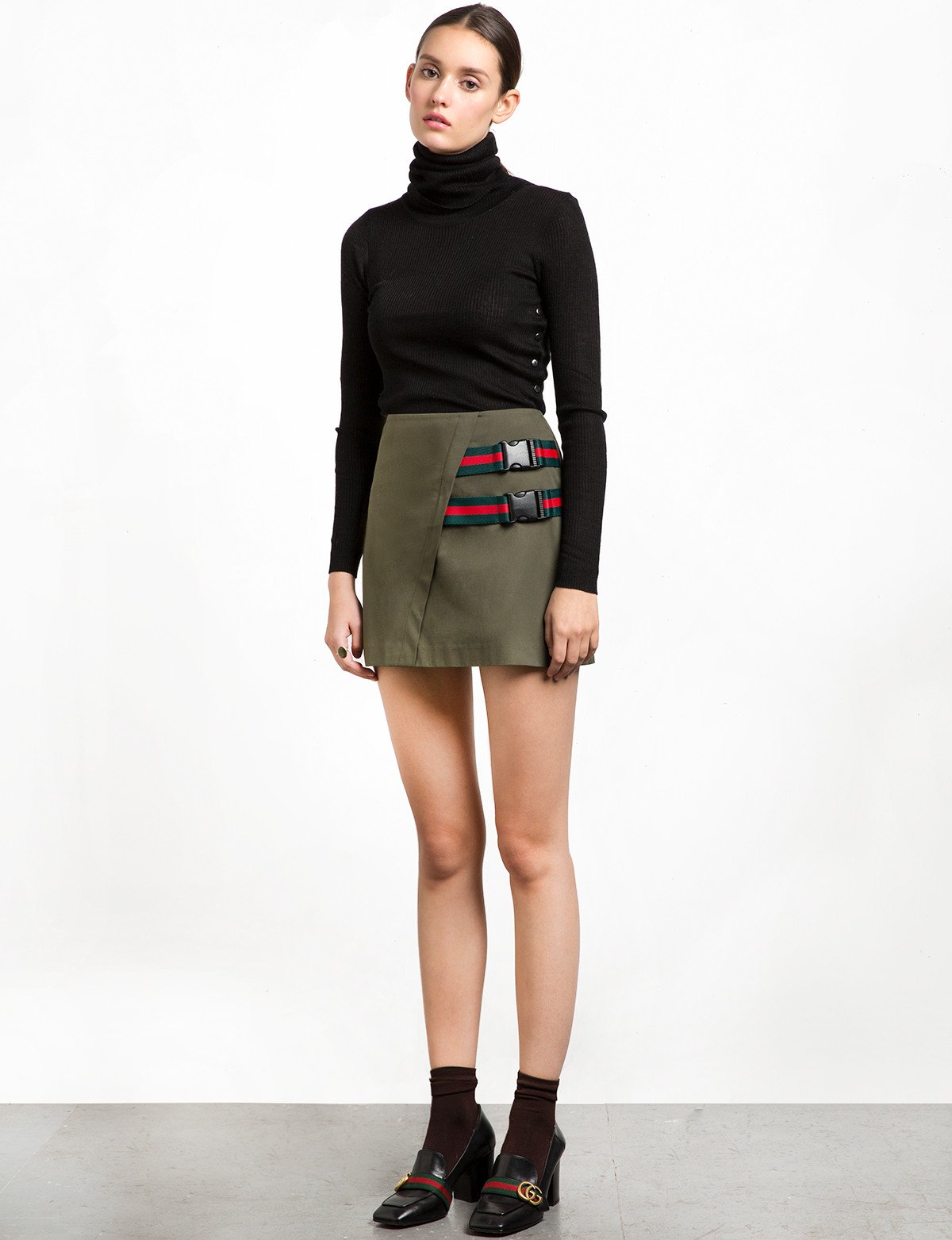 Clip Buckled Olive Mini Skirt