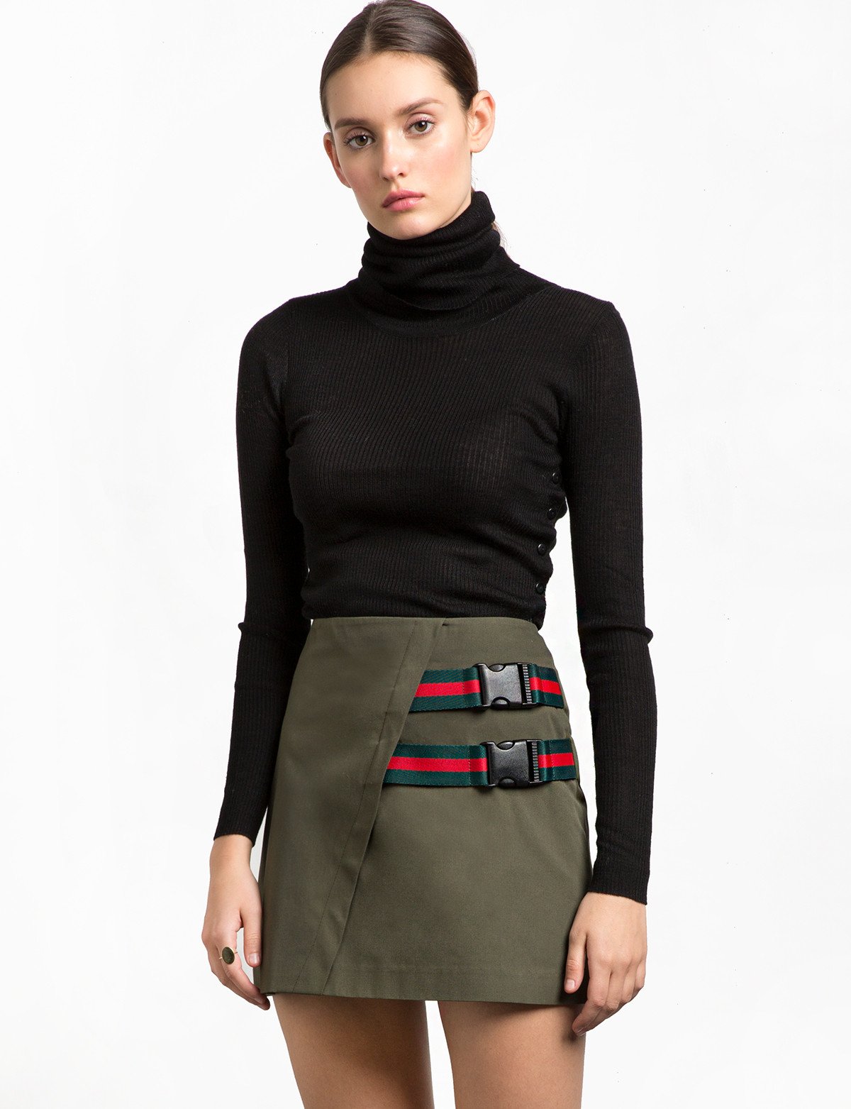 Clip Buckled Olive Mini Skirt