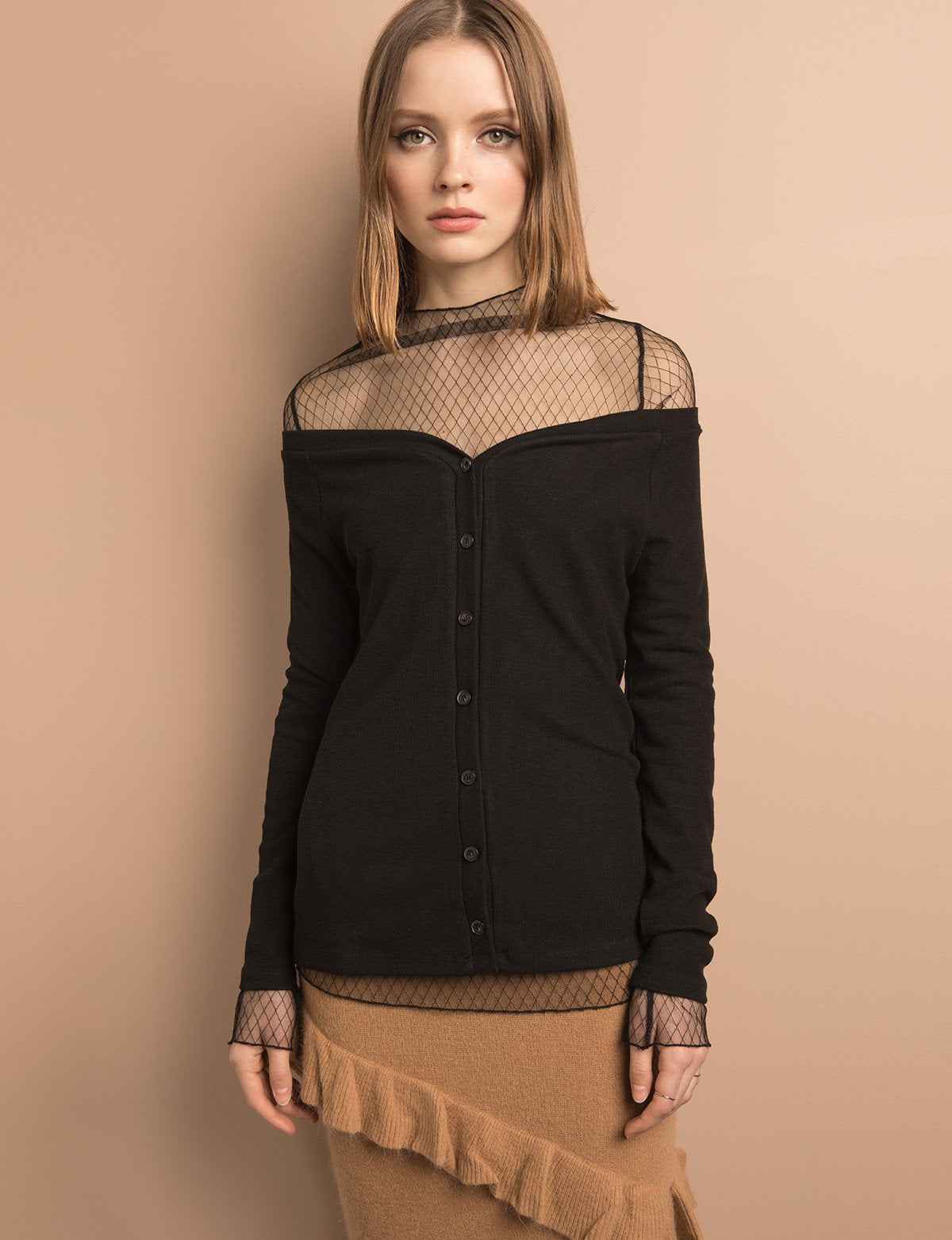 Black Fishnet Lace Sheer Top
