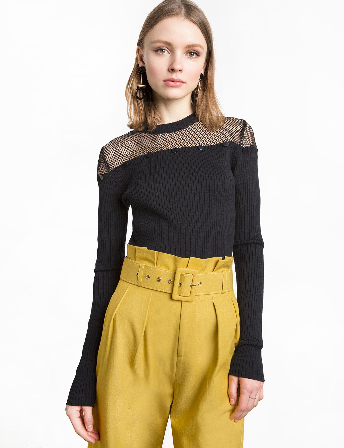 Black Fishnet Button Ribbed Sweater