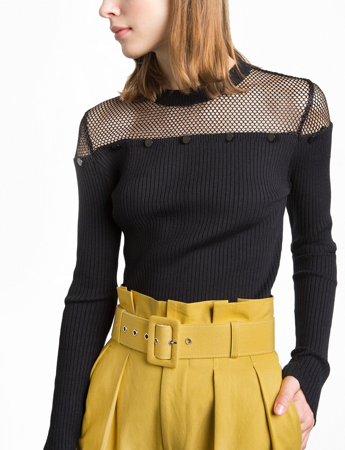 Black Fishnet Button Ribbed Sweater