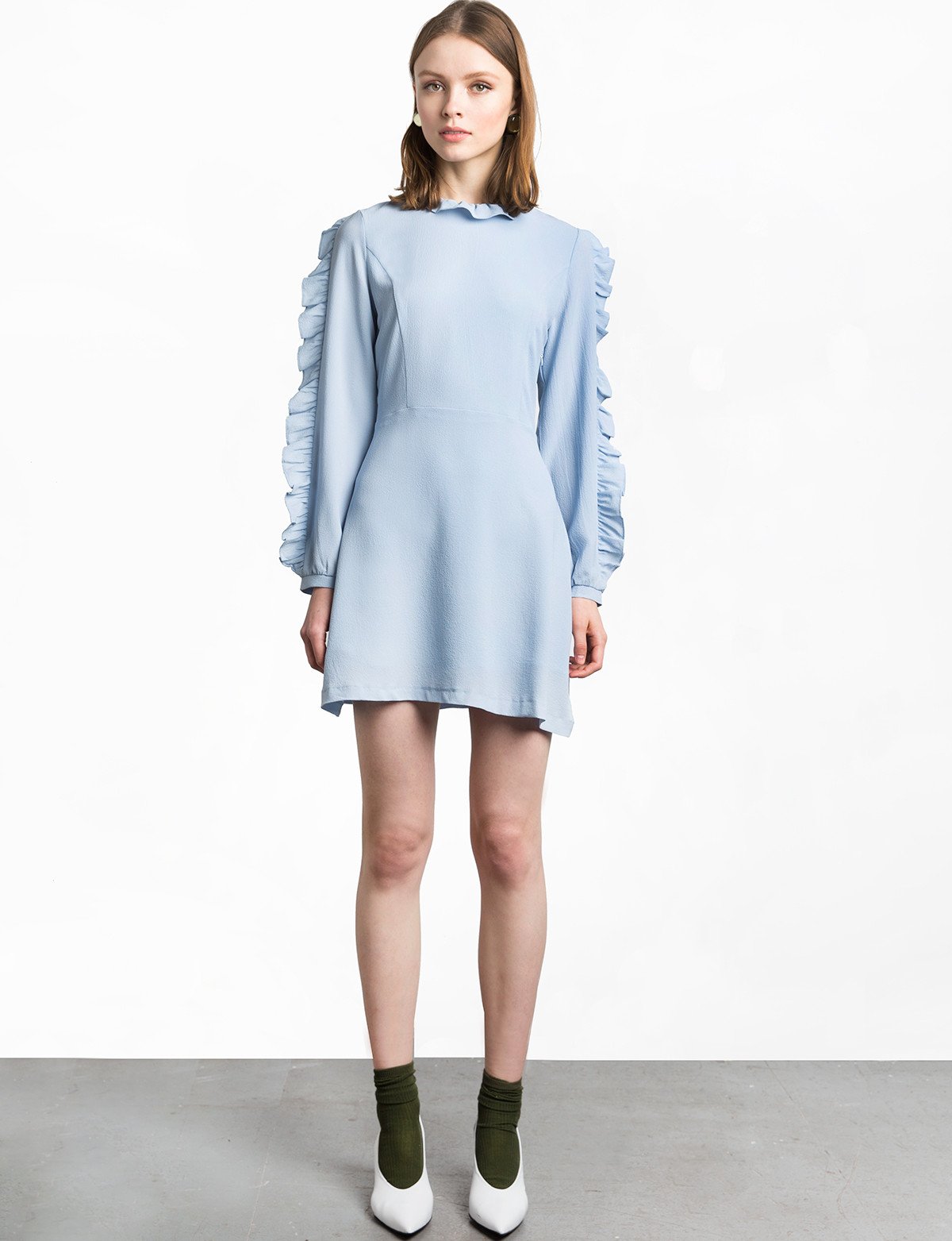 Blue Crepe Ruffled Sleeve Dress