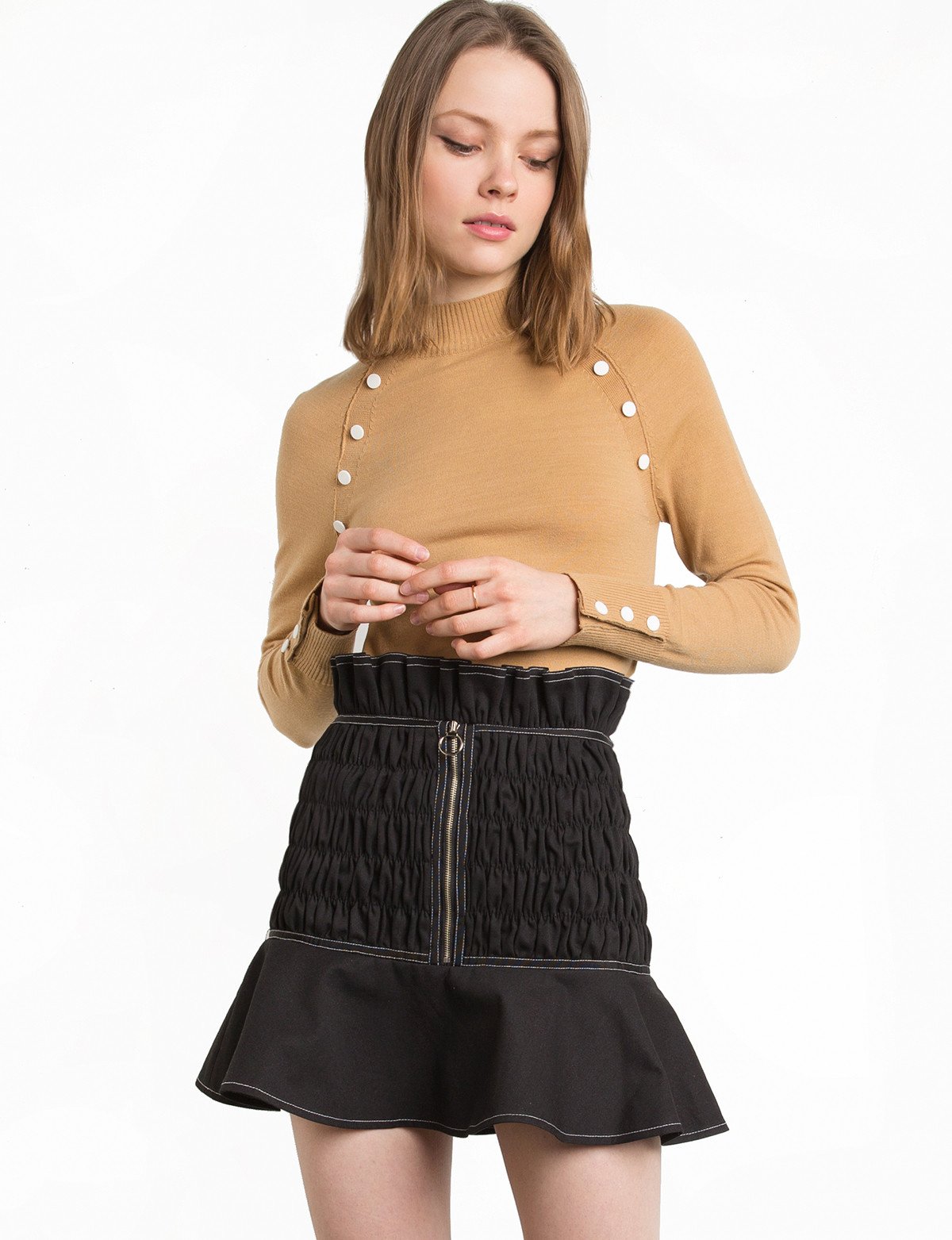 Black Smocked Ruffled Mini Skirt