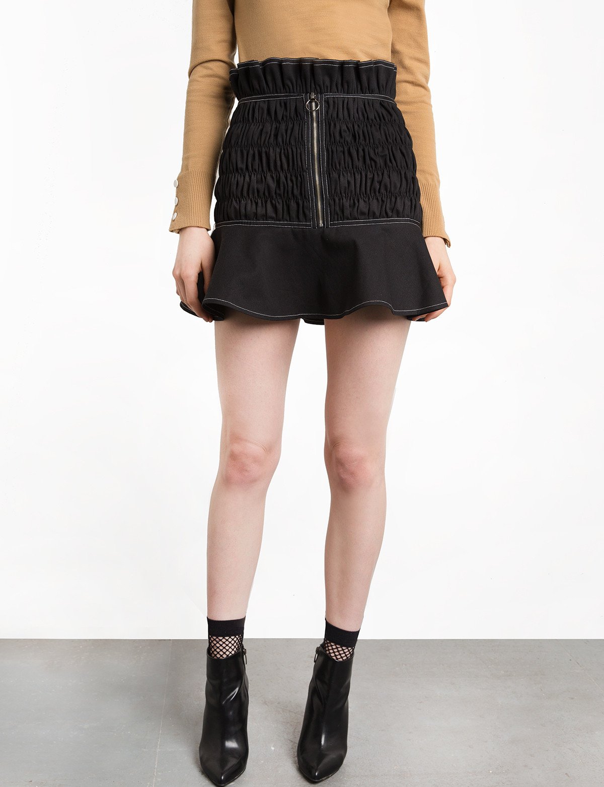 Black Smocked Ruffled Mini Skirt