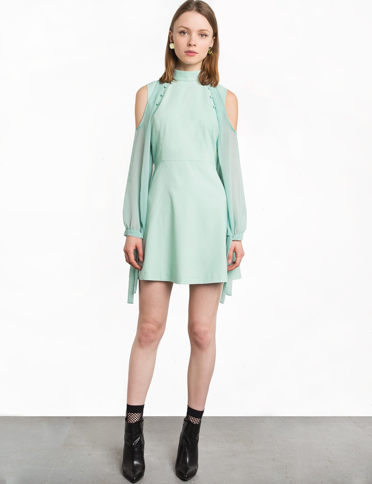 Mint Button Cold Shoulder Dress