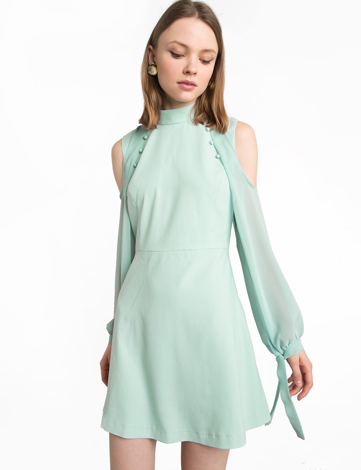 Mint Button Cold Shoulder Dress