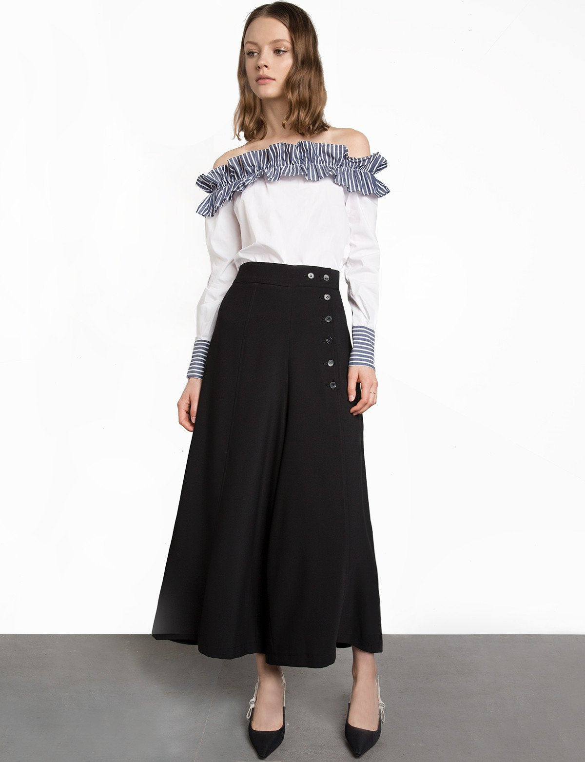 Black Culotte Button High Waisted Pants