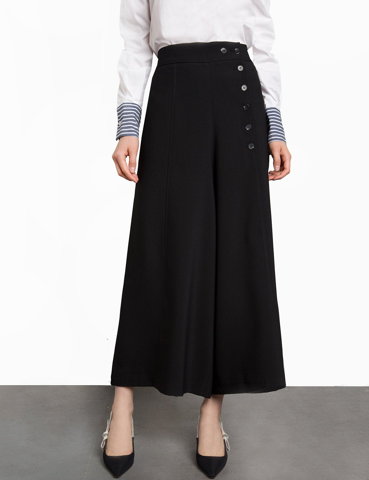 Black Culotte Button High Waisted Pants