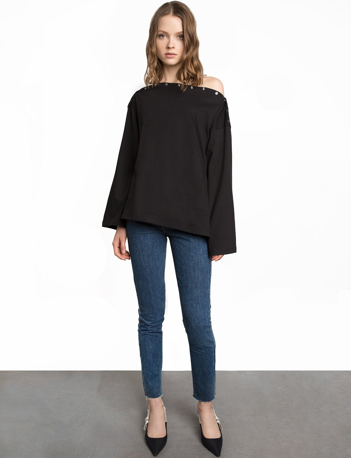 Black Shoulder Snap Button Oversize Top