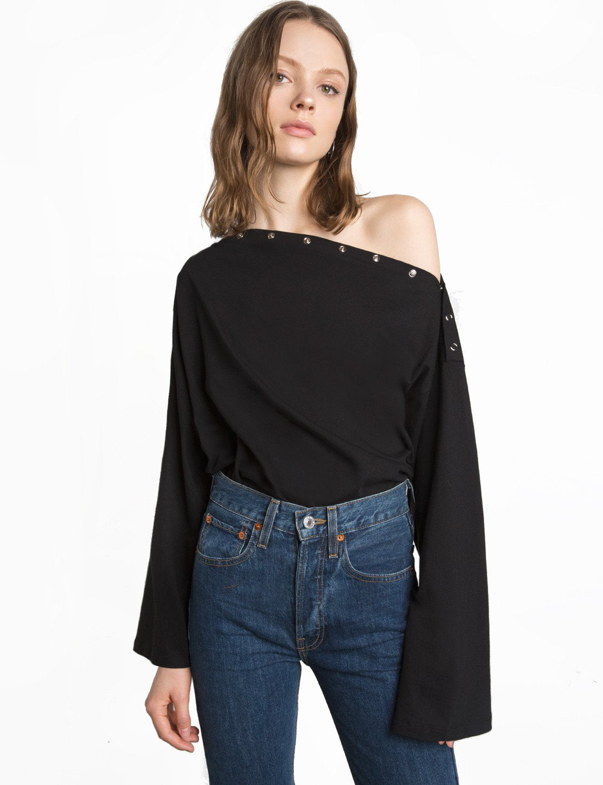 Black Shoulder Snap Button Oversize Top