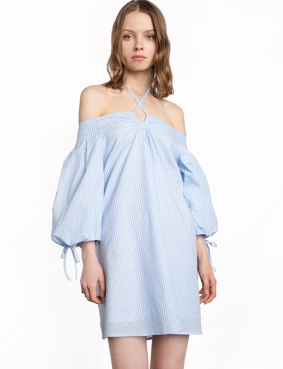 Stripe Halter Tie Off The Shoulder Dress