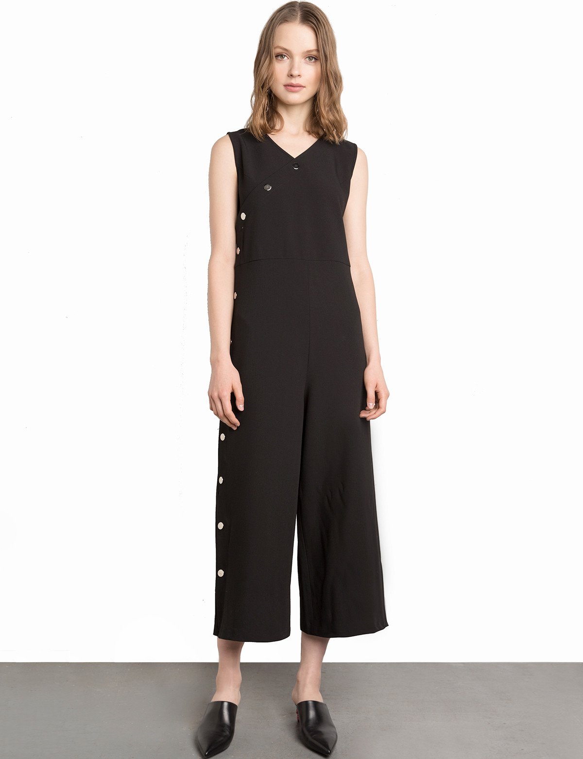 Black Snap Button Wide Leg Jumpsuit
