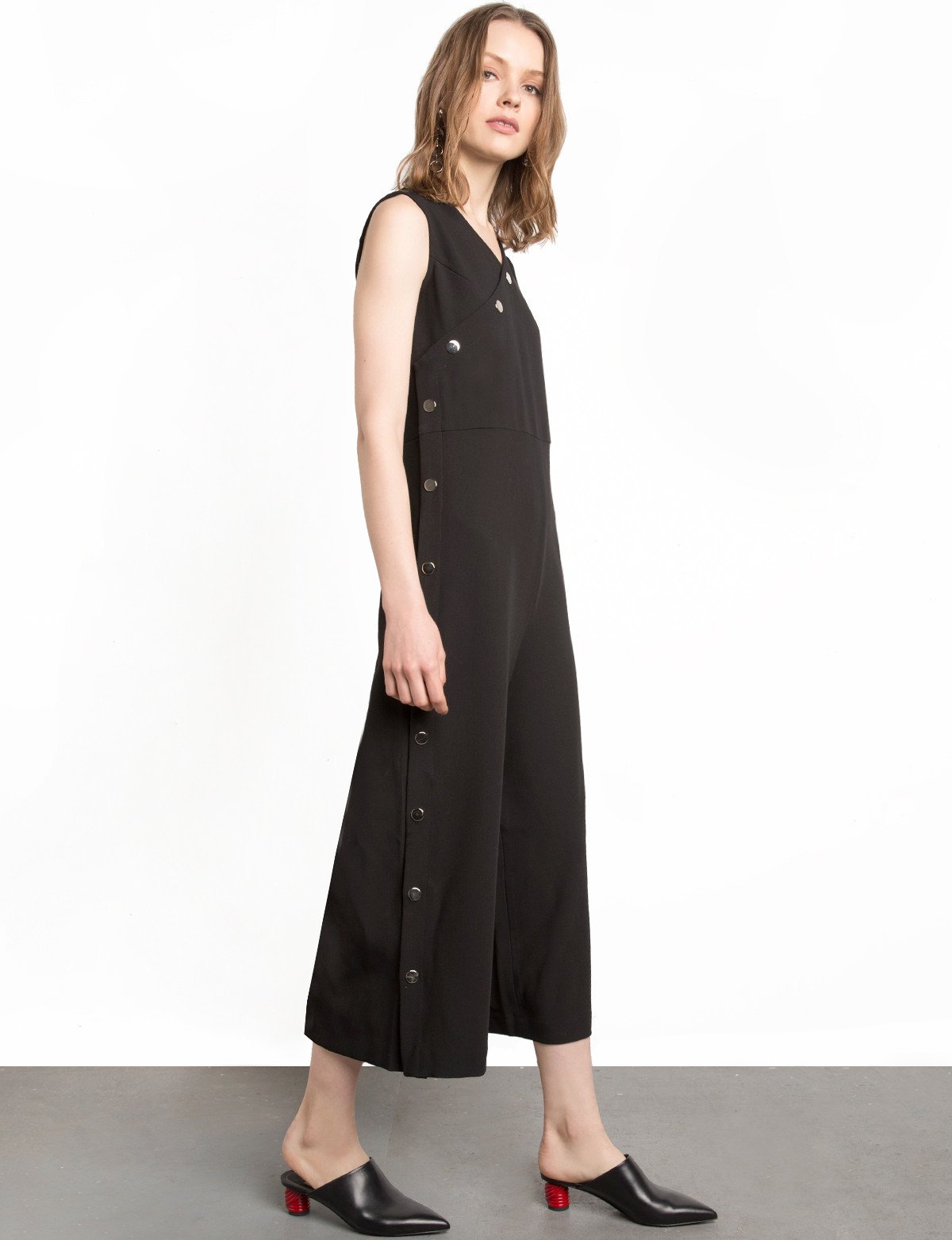 Black Snap Button Wide Leg Jumpsuit