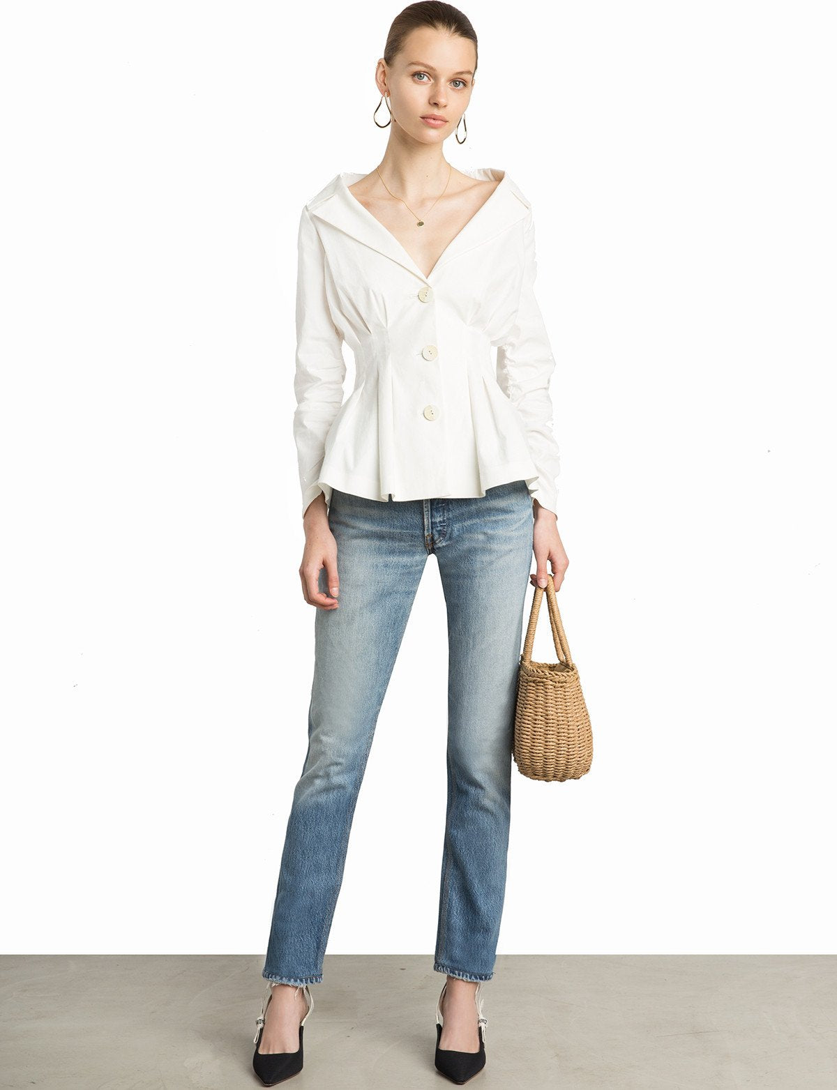 Bianca Linen Button Cinched-Waist Jacket