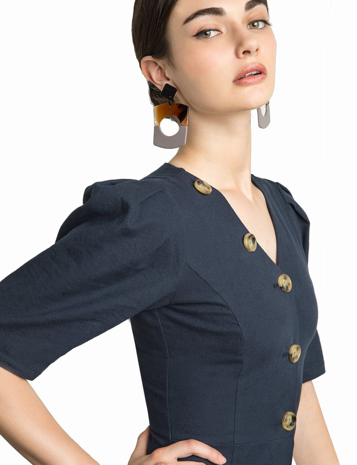 Luna Button V Linen Dress