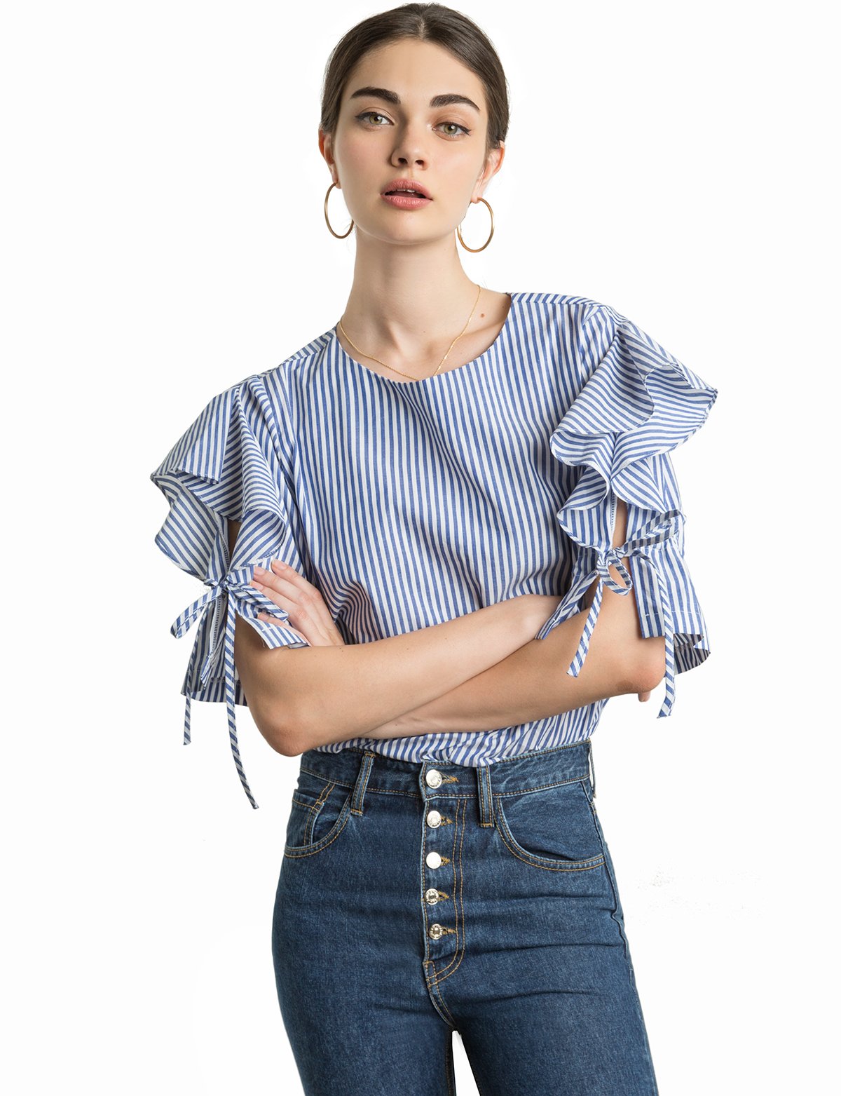 Quincy Striped Ruffle Sleeve Tie Top