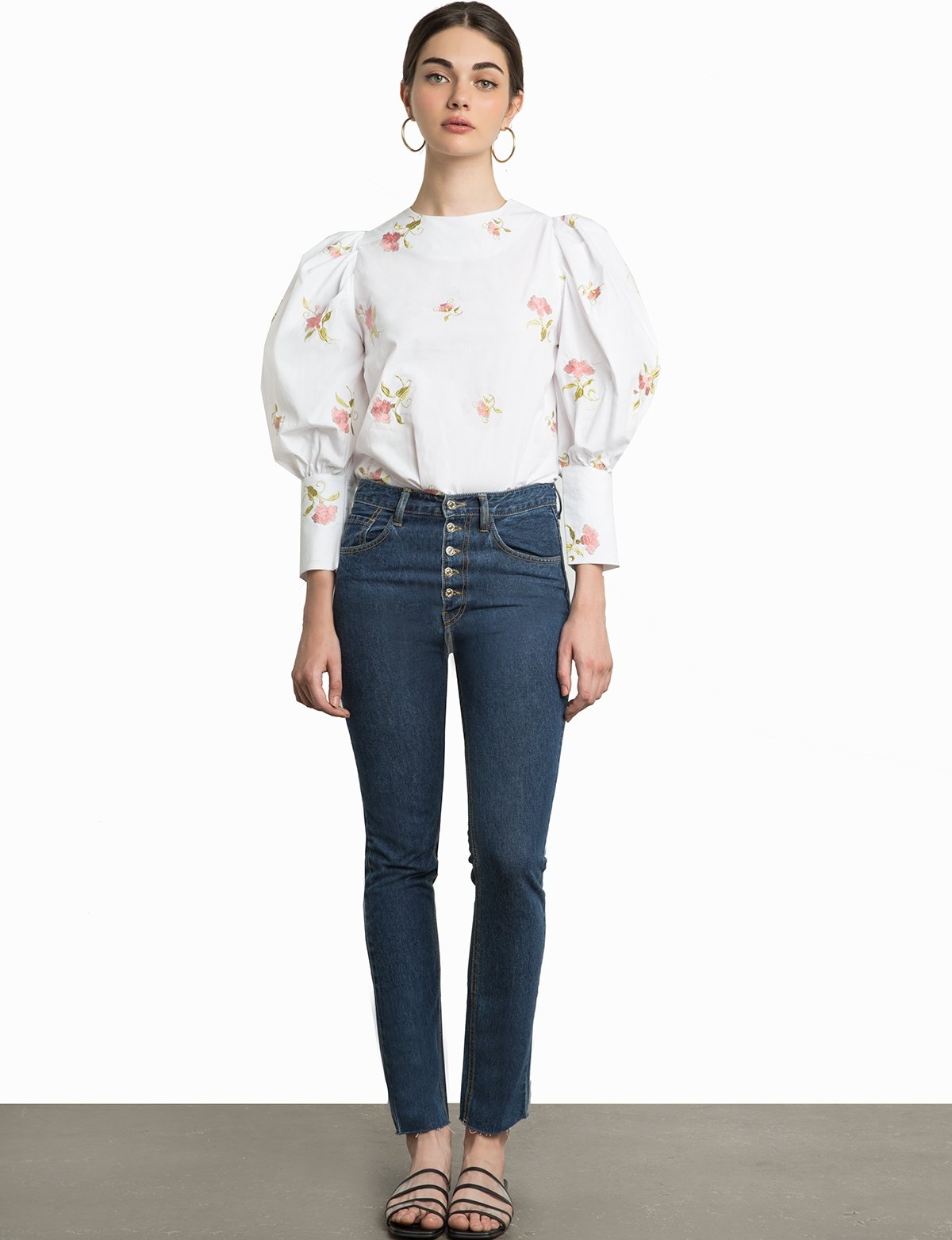 Floral Embroidered Puffy Sleeve Shirt