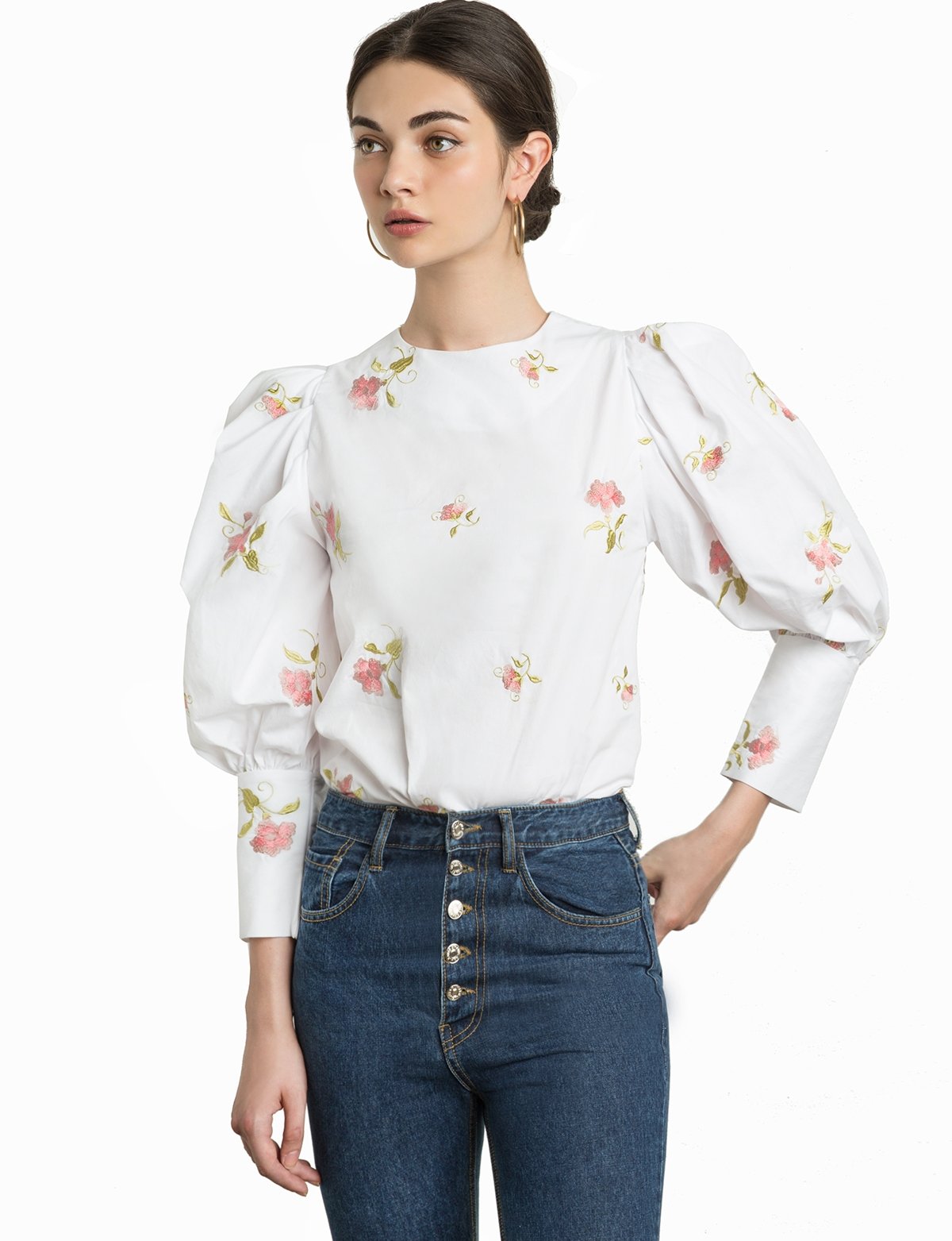 Floral Embroidered Puffy Sleeve Shirt