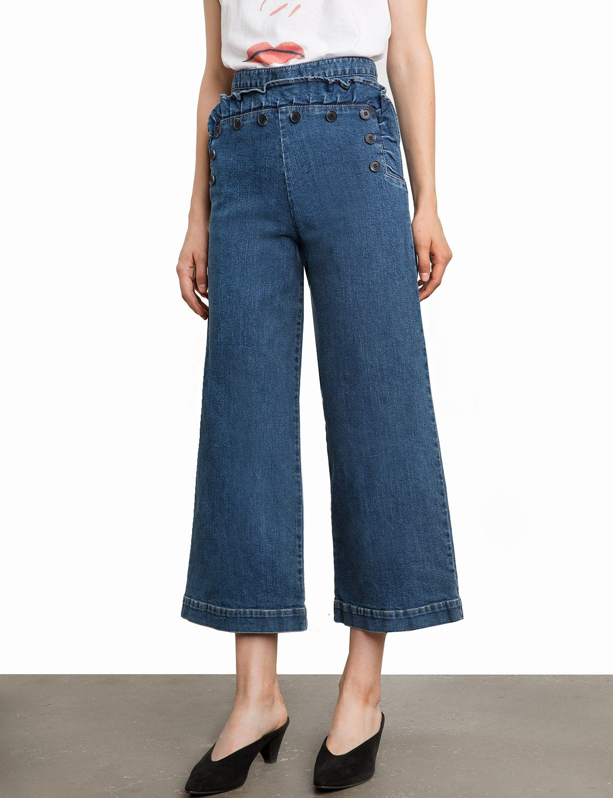Ruffled Sailor Button Culotte Jeans