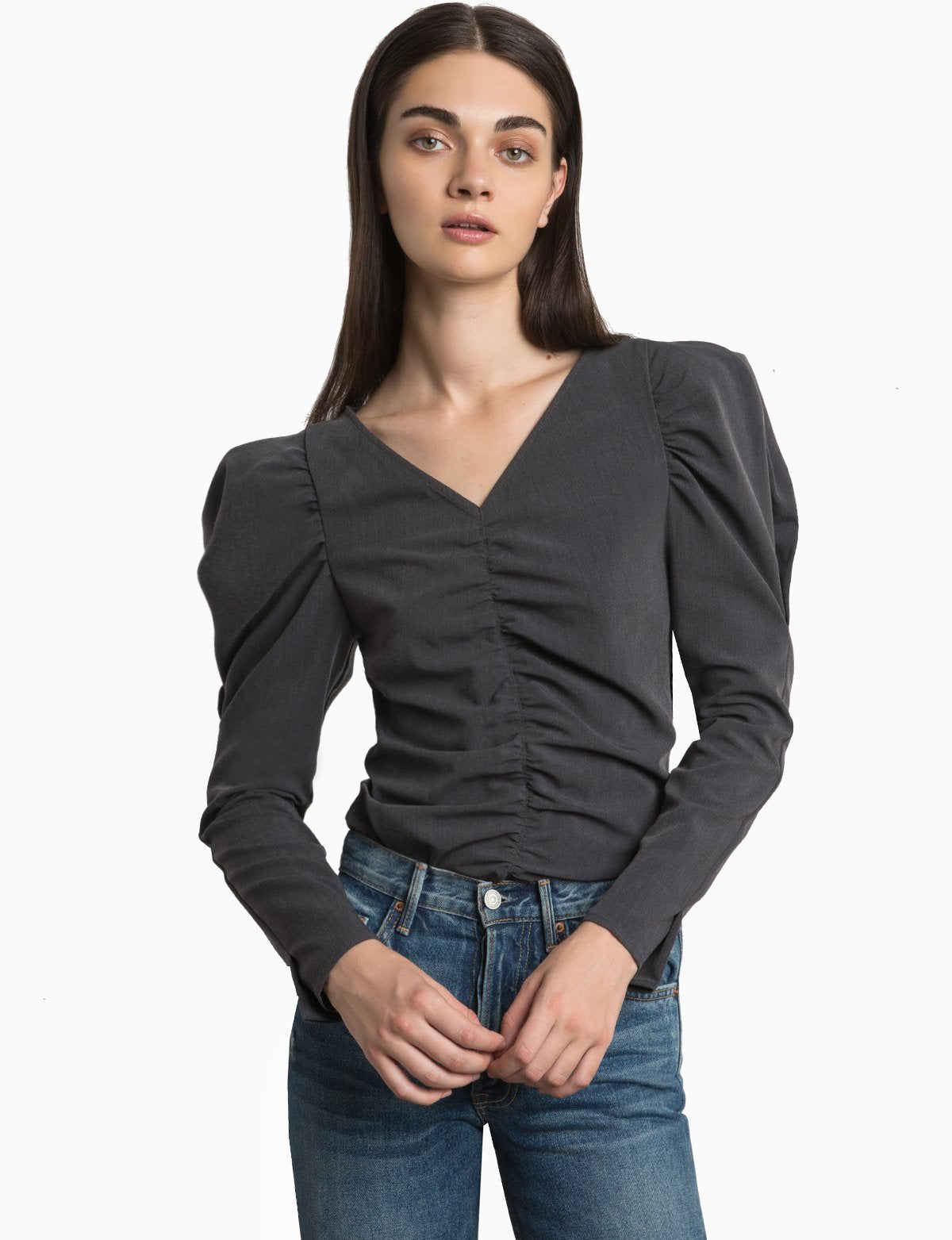 VIE GREY PUFFY SLEEVE RUCHED TOP