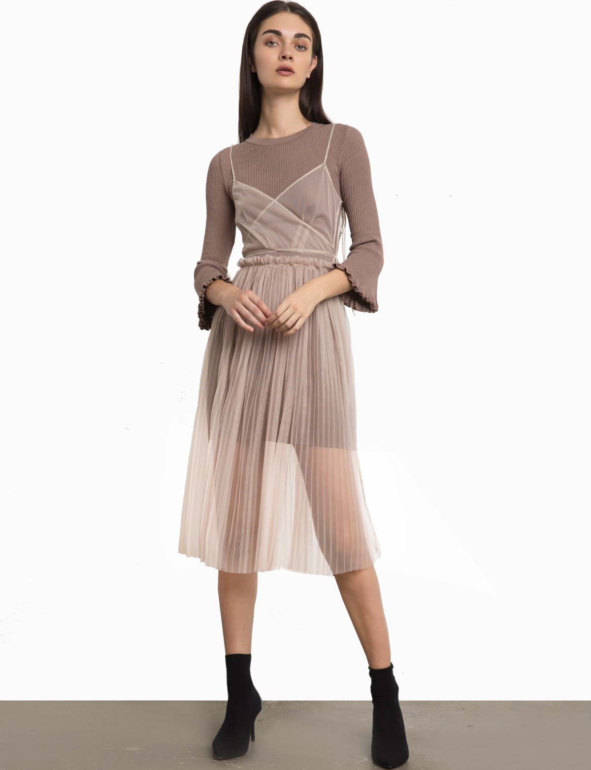 CHLOE TAUPE KNIT ORGANZA LAYERED DRESS