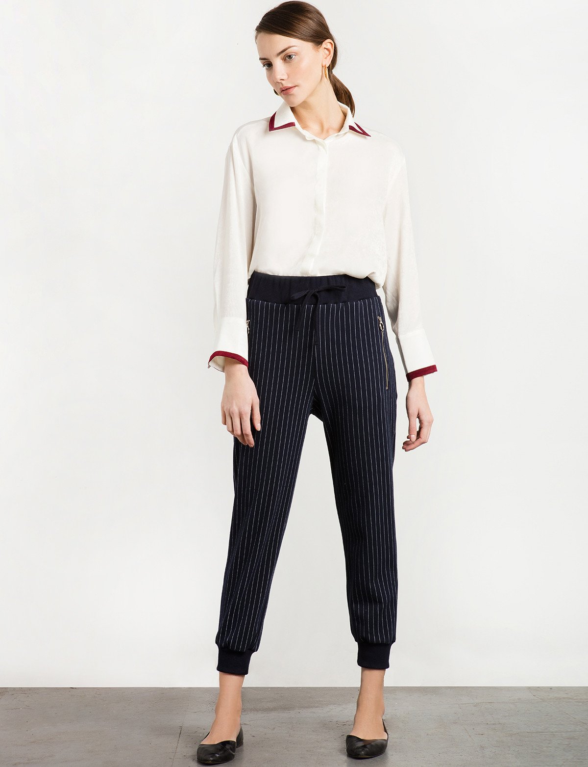 Navy Pinstripe Ring Zipper Sweatpants