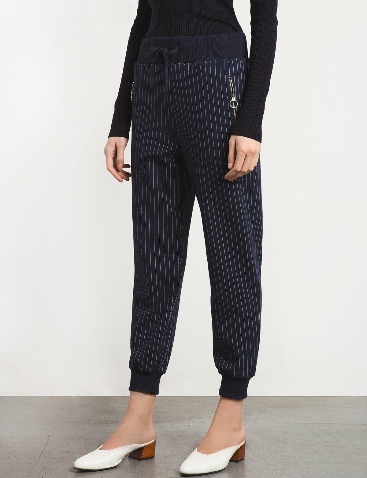Navy Pinstripe Ring Zipper Sweatpants