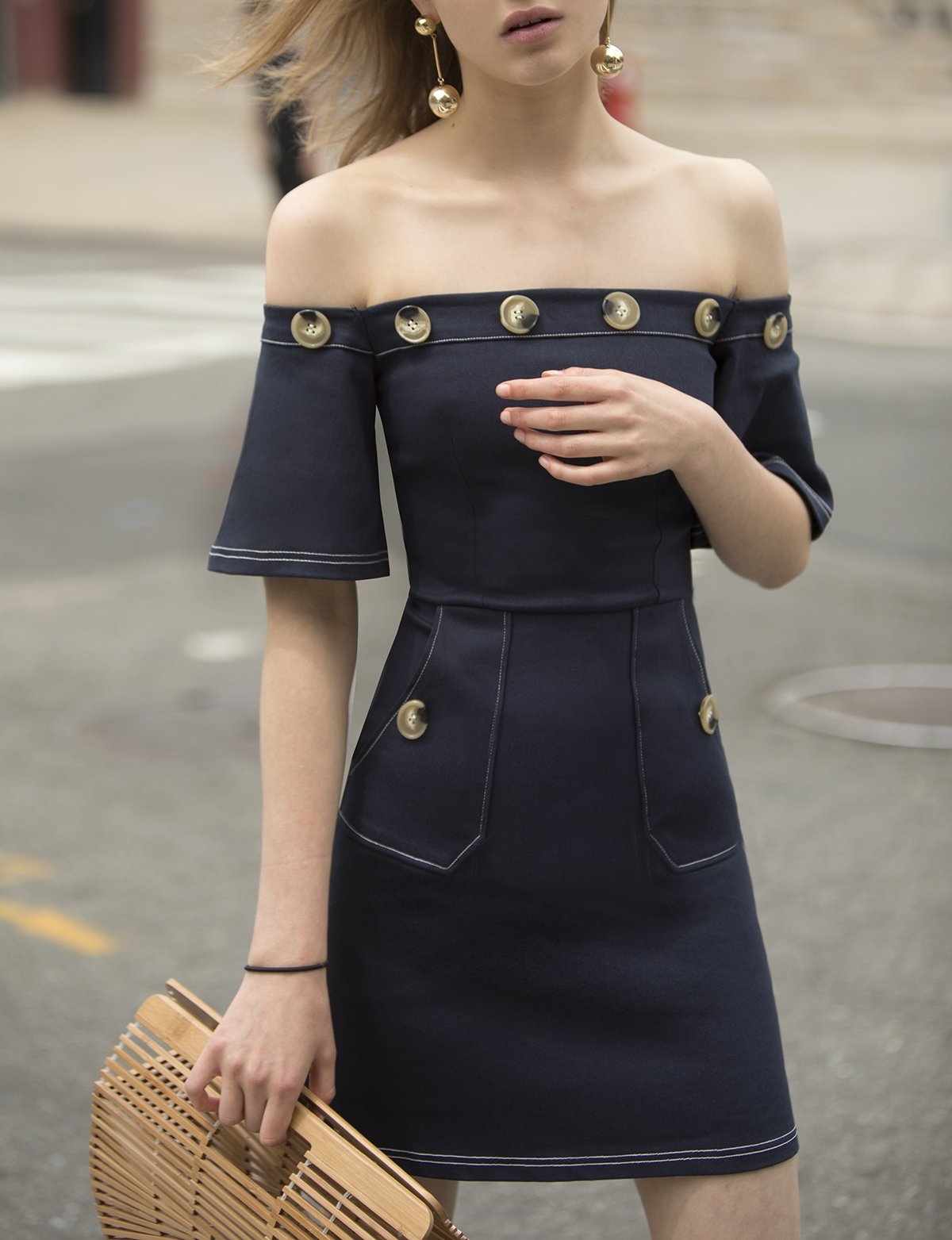 Leah Navy Button Off The Shoulder Dress