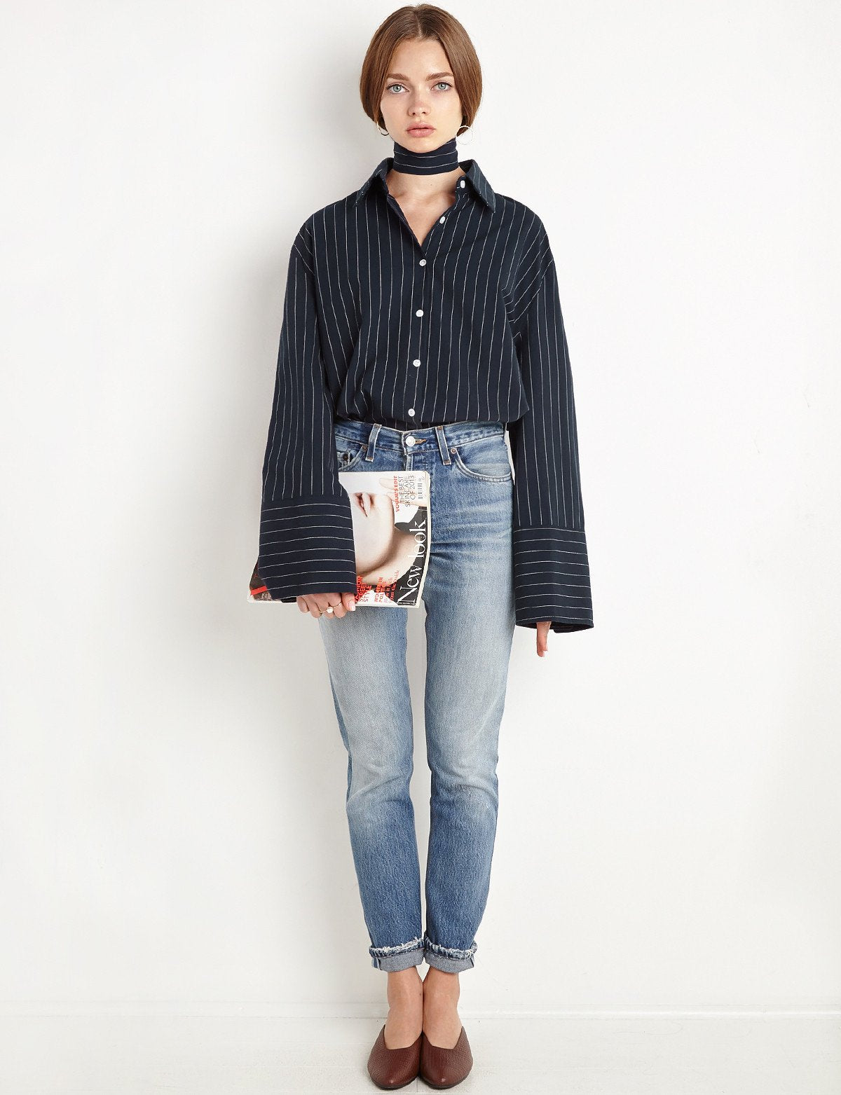 Navy Pinstripe Oversize Wide Cuff Shirt