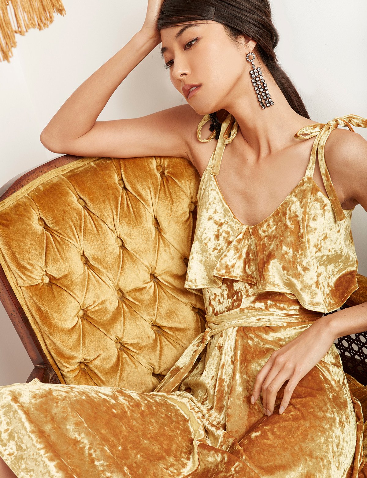 Marigold Velvet Shoulder Tie Slip Dress