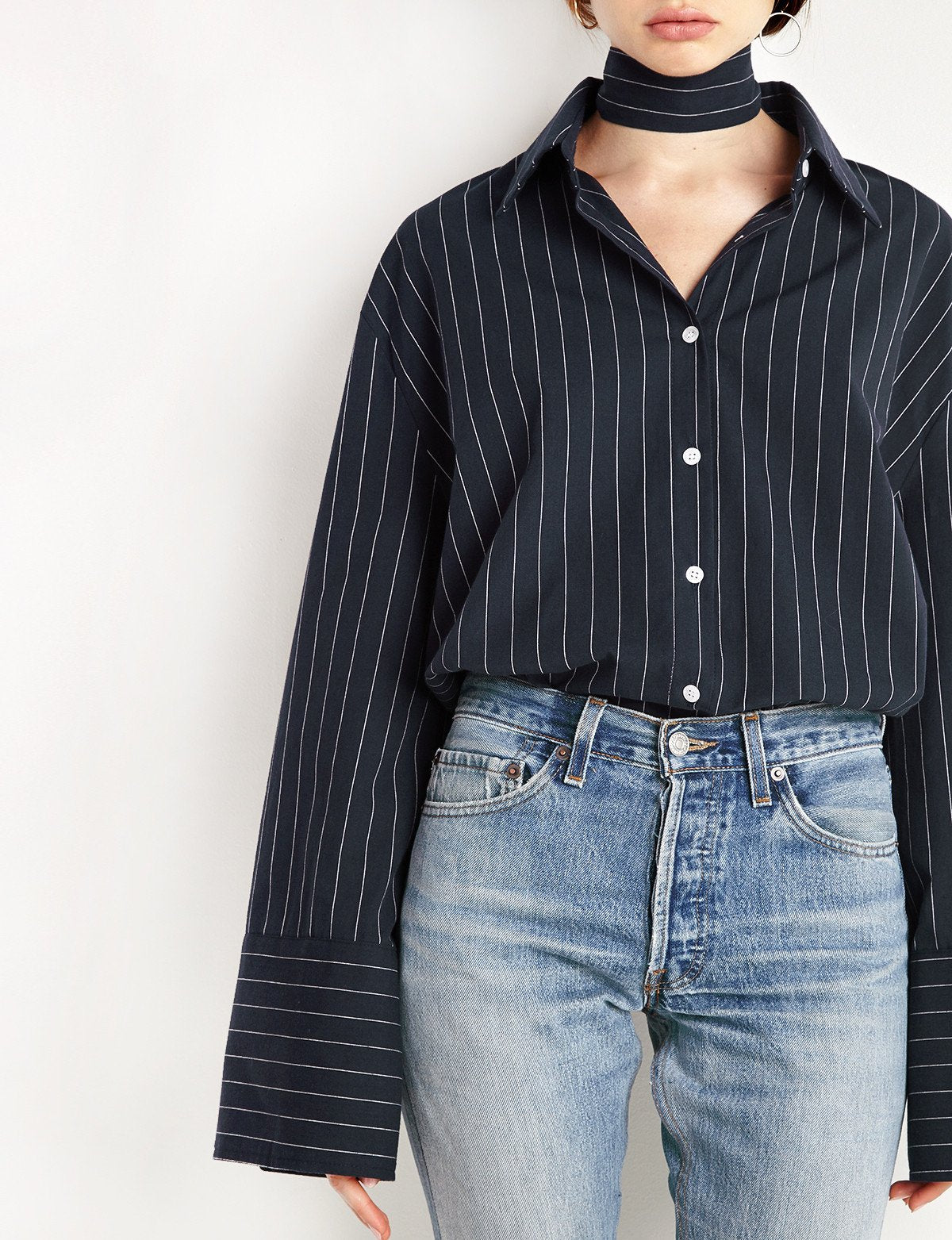 Navy Pinstripe Oversize Wide Cuff Shirt