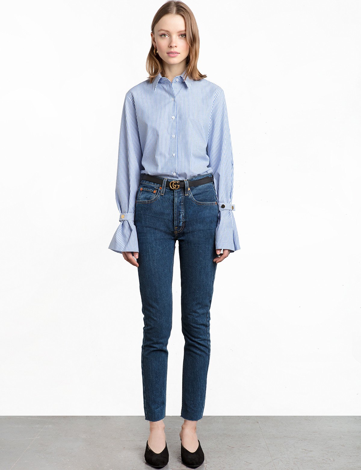 Striped Gold Button Cuff Sleeve Shirt
