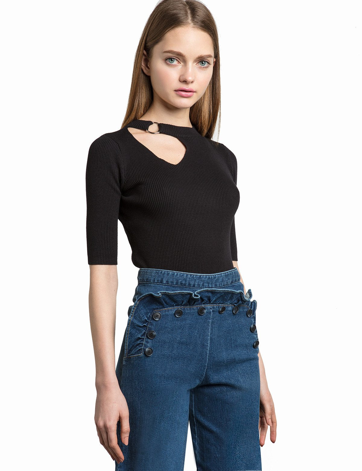 Black Knit Side Ring Choker Top