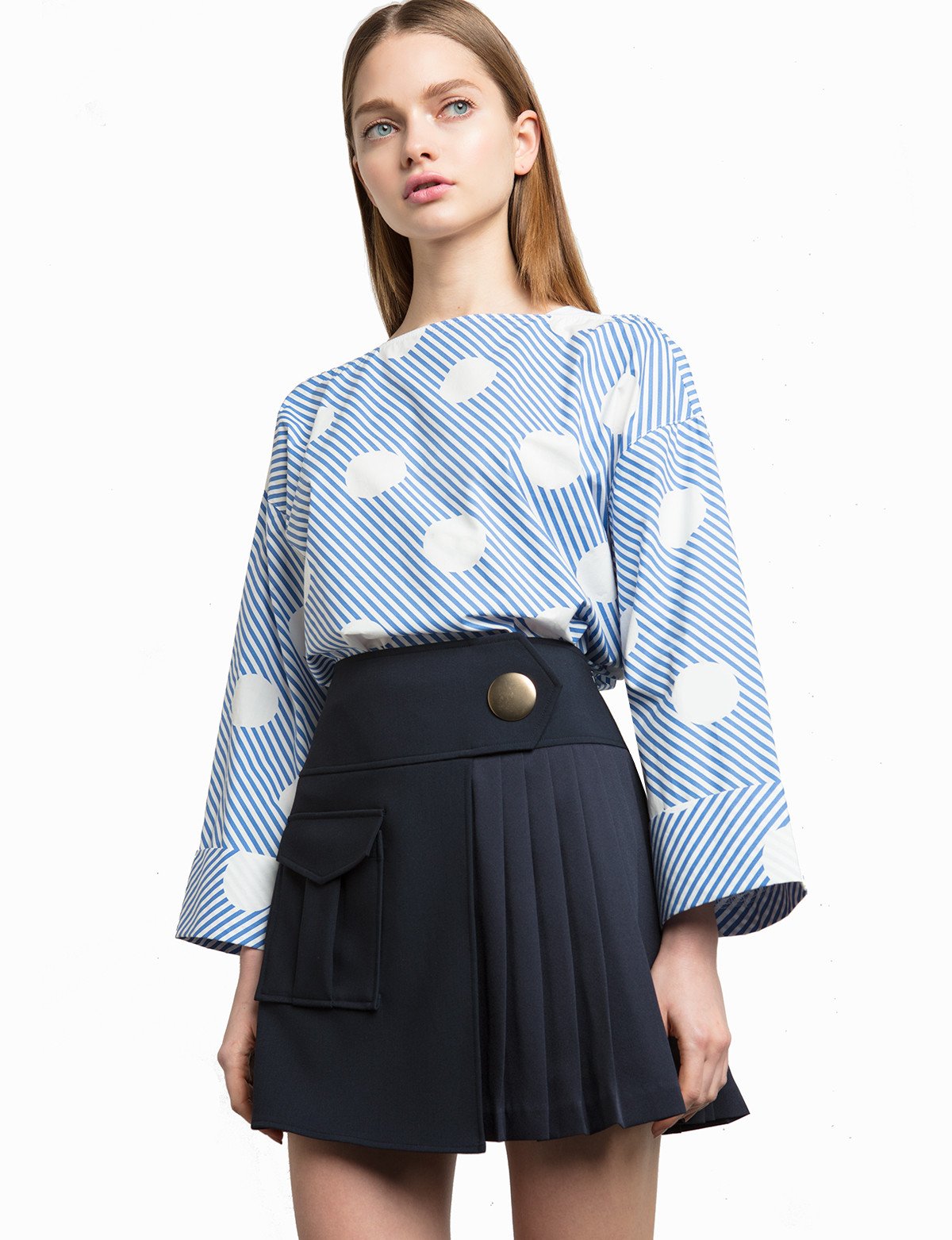 Navy Button Pleated Mini Skirt