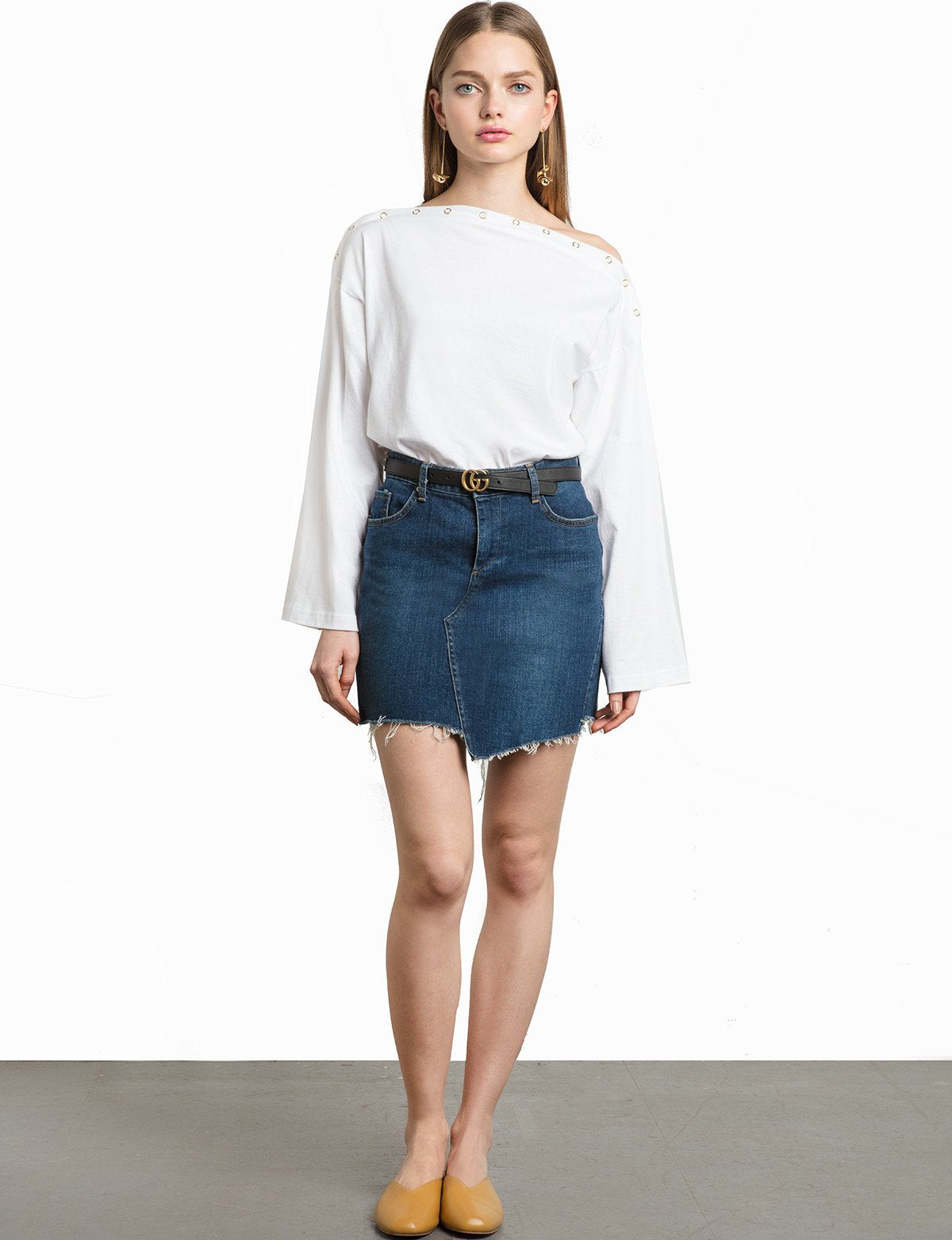 White Shoulder Snap Button Oversize Top