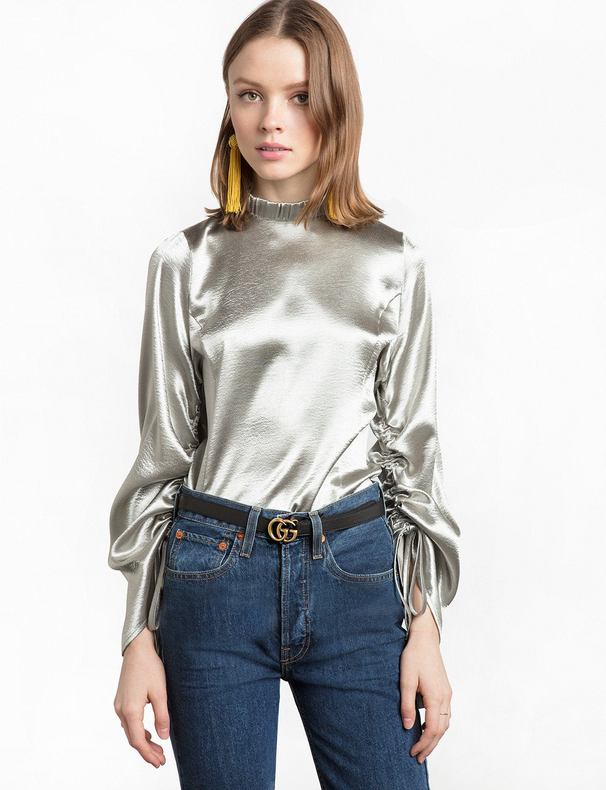 Silver Satin Ruched Sleeve Top